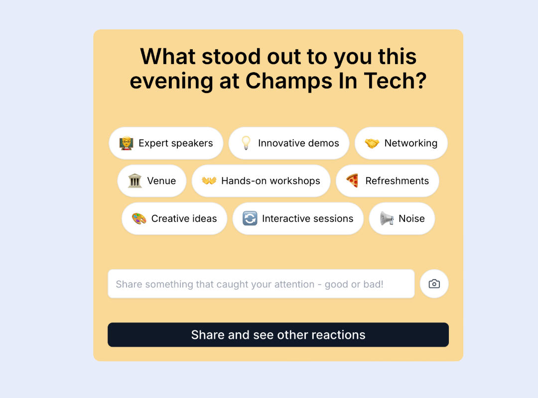 Mobile event feedback flow with one main question, short response options, and an optional comment box.
