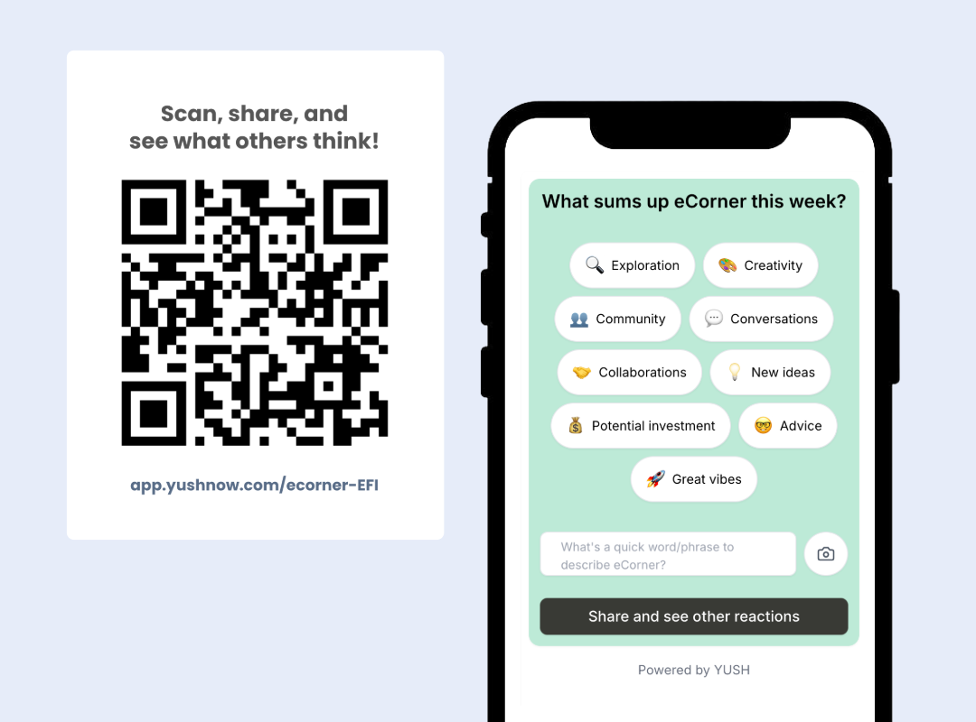 Yush QR code capture screen showing live reaction prompts at an event