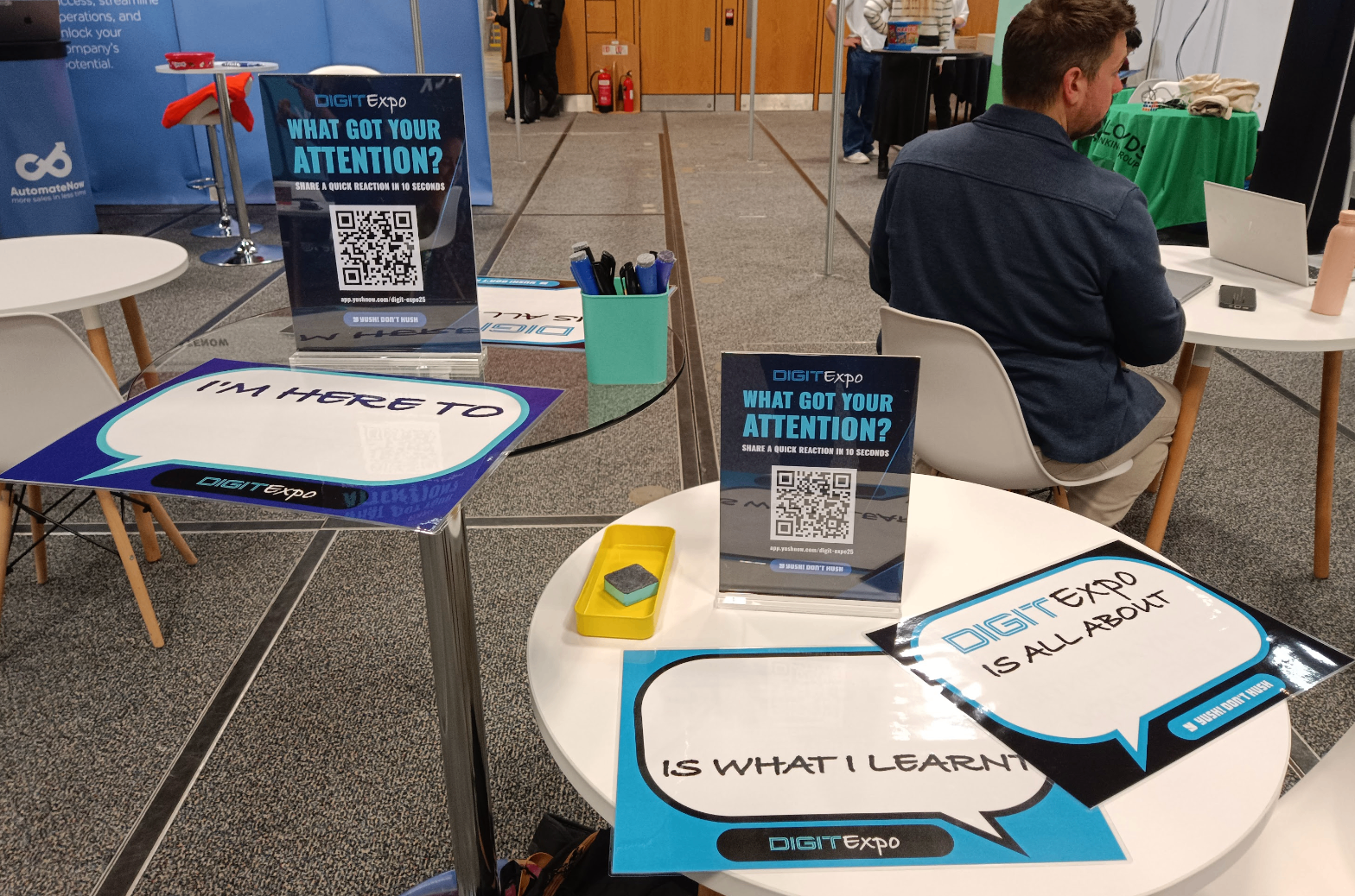 Yush in the room: QR signage, speech-bubble boards and markers