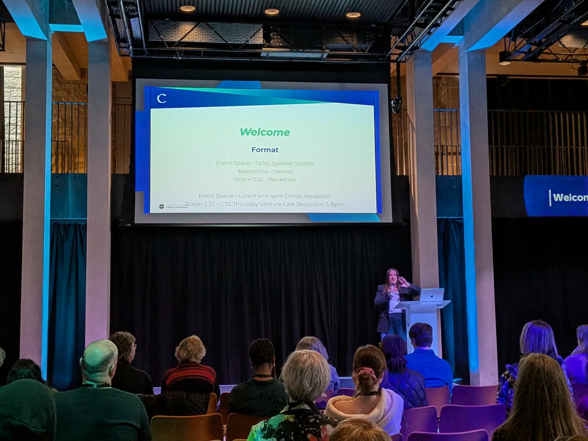 Caroline's opening speech: Lots to see and do. We're making things punchier! Talks, speaker stands, demos, reception by venture cafe after